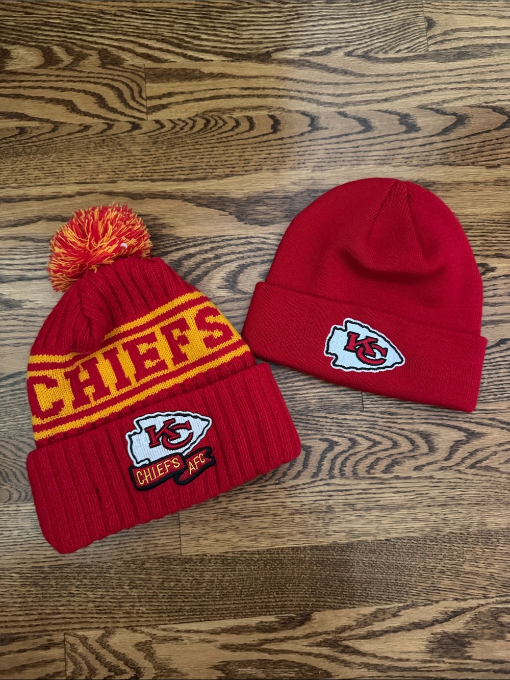 New Era Red and Yellow Knit Pom Beanie + Red Cuffed KC Beanie